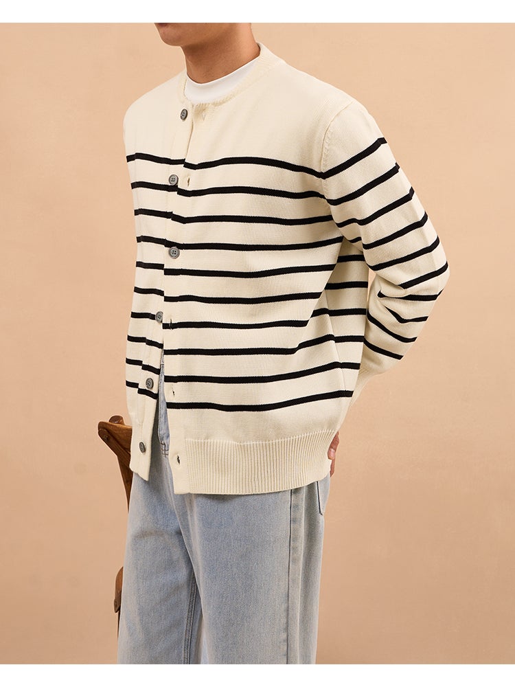 Crewneck Knitted Cardigan Contrast Color Stitching Classic Stripe Design Men'S Winter Thick Button Sweater Jacket Coat - Image 1